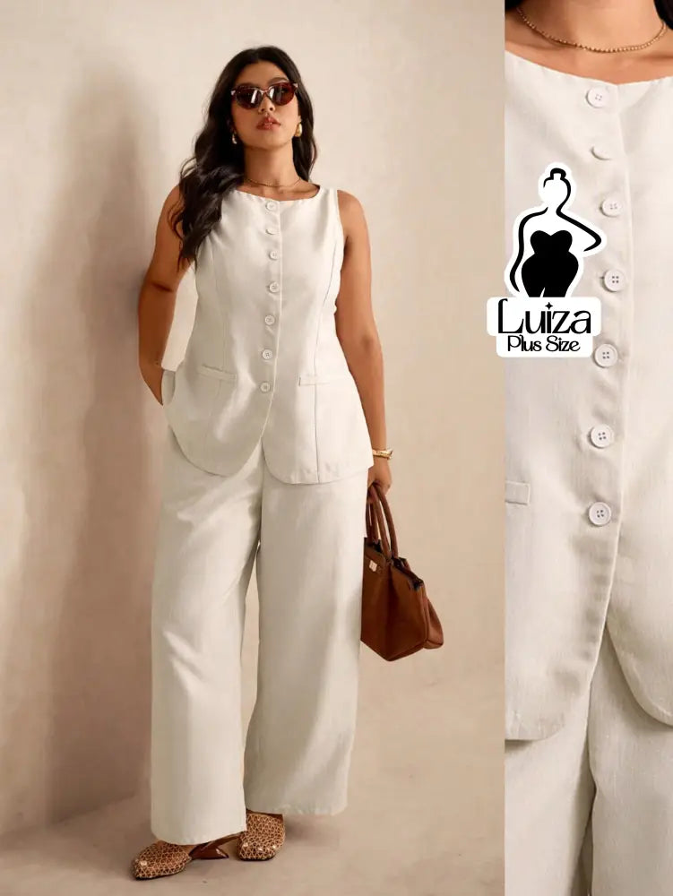 Conjunto Colete Alfaiataria Calça Pantalona Elegante Plus Size Damasco / G Conjunto Colete Alfaiataria Calça Pantalona