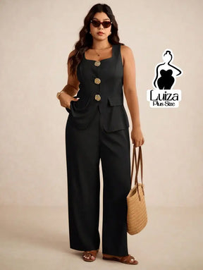 Conjunto Colete Alfaiataria Calça Pantalona Social Plus Size Preto / G Conjunto Colete Alfaiataria Calça Pantalona