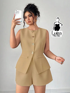 Conjunto Colete Alfaiataria Sem Mangas Short Elegante Plus Size Conjunto Colete Alfaiataria Sem Mangas Short Elegante
