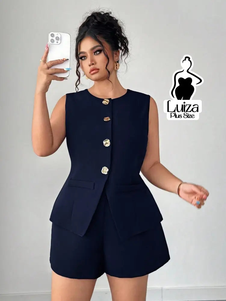 Conjunto Colete Alfaiataria Sem Mangas Short Elegante Plus Size Azul-Marinho / G Conjunto Colete Alfaiataria Sem Mangas