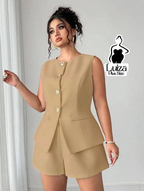 Conjunto Colete Alfaiataria Sem Mangas Short Elegante Plus Size Caqui / G Conjunto Colete Alfaiataria Sem Mangas Short