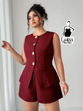 Conjunto Colete Alfaiataria Sem Mangas Short Elegante Plus Size Vinho / G Conjunto Colete Alfaiataria Sem Mangas Short