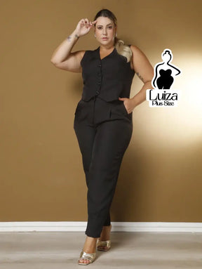 Conjunto Colete Botões Calça Jogger Casual Elegante Plus Size Preto / G Conjunto Colete Botões Calça Jogger Casual