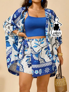 Conjunto Kimono Saia Curta Estampa Floral Casual Chic Plus Size Conjunto Kimono Saia Curta Estampa Floral Casual Chic