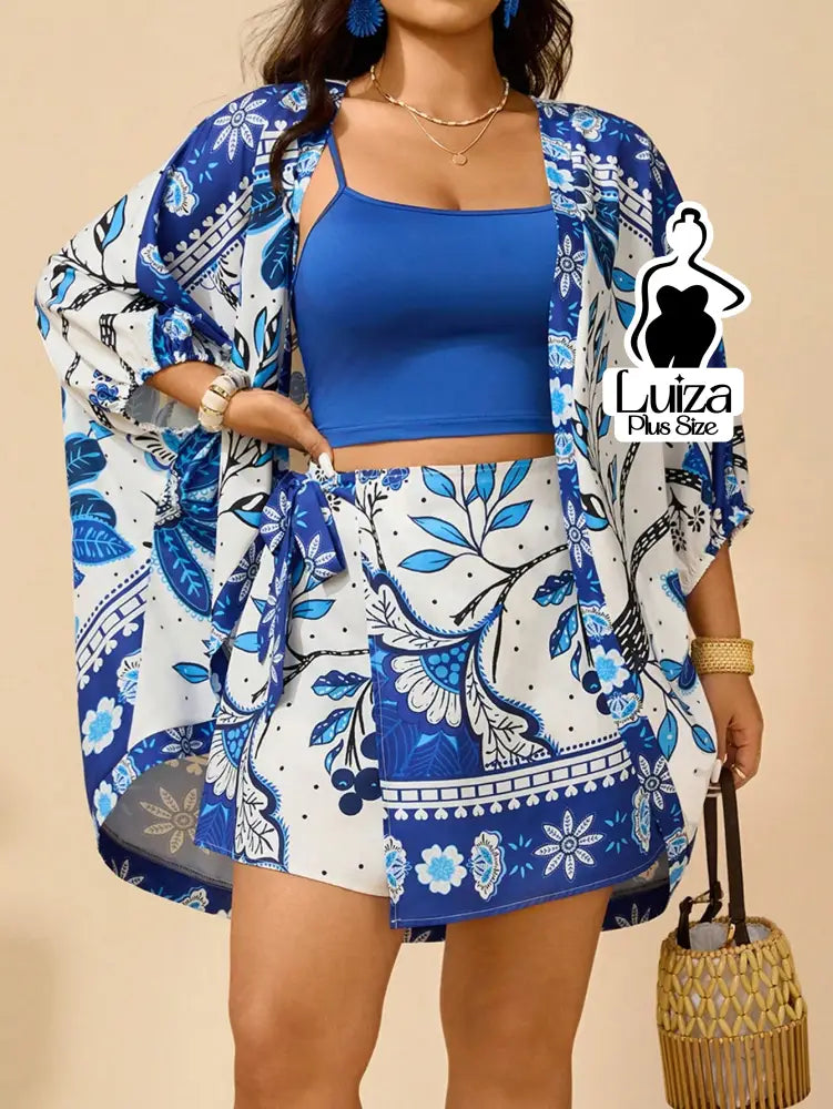 Conjunto Kimono Saia Curta Estampa Floral Casual Chic Plus Size Conjunto Kimono Saia Curta Estampa Floral Casual Chic