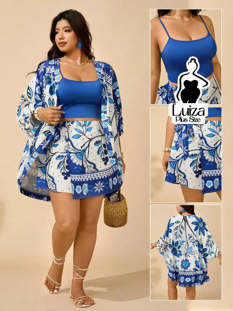 Conjunto Kimono Saia Curta Estampa Floral Casual Chic Plus Size Conjunto Kimono Saia Curta Estampa Floral Casual Chic