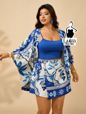 Conjunto Kimono Saia Curta Estampa Floral Casual Chic Plus Size Azul / G Conjunto Kimono Saia Curta Estampa Floral