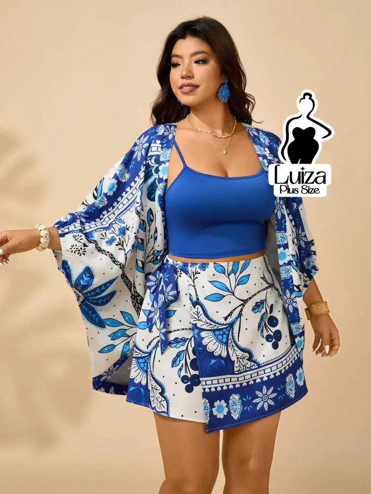 Conjunto Kimono Saia Curta Estampa Floral Casual Chic Plus Size Azul / G Conjunto Kimono Saia Curta Estampa Floral