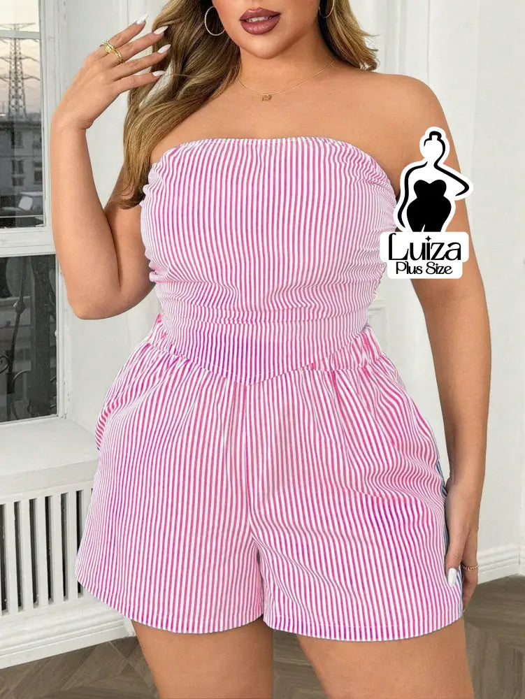 Conjunto Tomara Que Caia Listrado Short Casual Verão Plus Size Rosa / G Conjunto Tomara Que Caia Listrado Short Casual