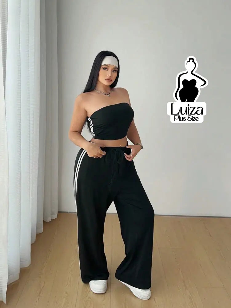 Conjunto Top Faixa Calça Pantalona Estilo Street Plus Size Conjunto Top Faixa Calça Pantalona Estilo Street Plus Size