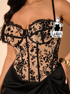 Corset Tule Bordado Floral Estruturado Renda Plus Size Caqui / G Corset Tule Bordado Floral Estruturado Renda Plus Size