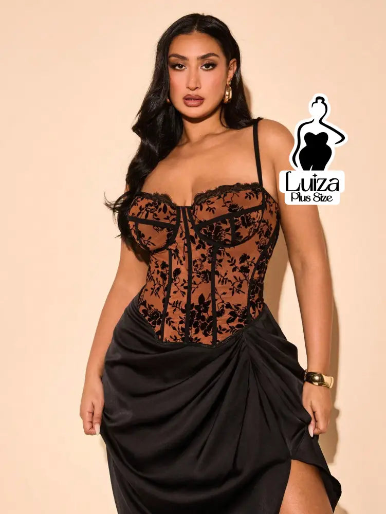 Corset Tule Bordado Floral Estruturado Renda Plus Size Marrom / G Corset Tule Bordado Floral Estruturado Renda Plus Size