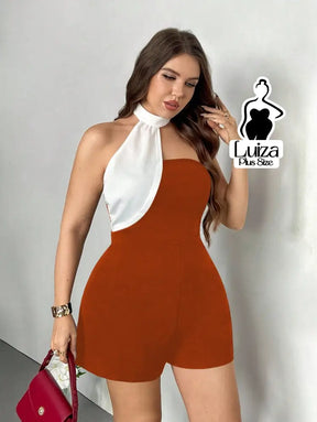 Macacão Curto Elegante Gola Alta Assimétrica Plus Size Laranja / G Macacão Curto Elegante Gola Alta Assimétrica Plus