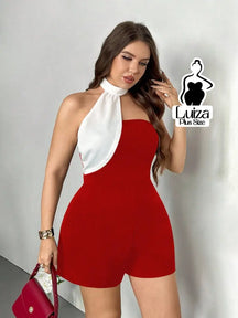 Macacão Curto Elegante Gola Alta Assimétrica Plus Size Vinho / G Macacão Curto Elegante Gola Alta Assimétrica Plus Size