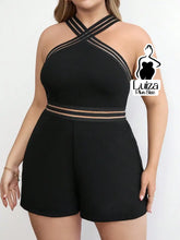 Macacão Curto Justo Decote Cruzado Detalhe Tule Plus Size Preto / G Macacão Curto Justo Decote Cruzado Detalhe Tule