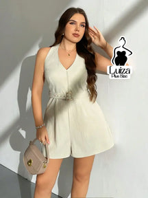 Macacão Curto Sem Mangas Decote V Cinto Ajustável Plus Size Damasco / G Macacão Curto Sem Mangas Decote V Cinto