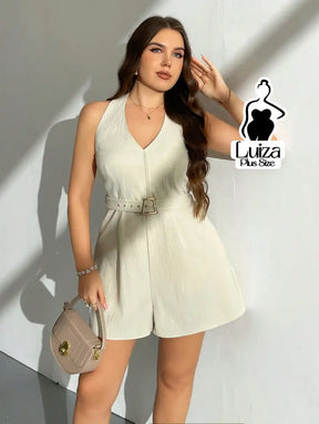 Macacão Curto Sem Mangas Decote V Cinto Ajustável Plus Size Damasco / G Macacão Curto Sem Mangas Decote V Cinto