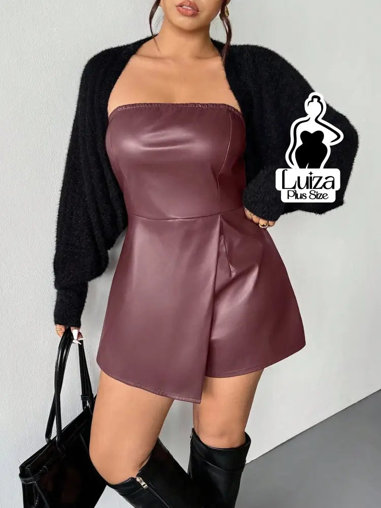 Macacão Curto Tomara Que Caia Couro Sintético Plus Size Vinho / G Macacão Curto Tomara Que Caia Couro Sintético Plus