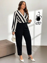 Macacão Longo Elegante Decote Transpassado Listrado Plus Size Preto e Branco / G Macacão Longo Elegante Decote