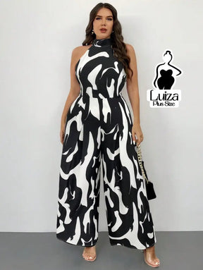 Macacão Longo Estampado Preto E Branco Gola Alta Plus Size Preto e Branco / G Macacão Longo Estampado Preto E Branco