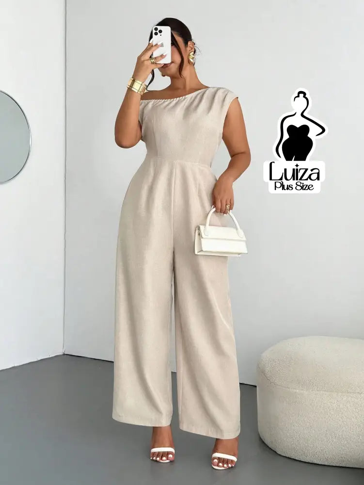 Macacão Longo Pantalona Decote Assimétrico Elegante Plus Size Damasco / G Macacão Longo Pantalona Decote Assimétrico