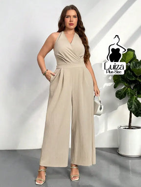 Macacão Longo Pantalona Decote Transpassado Elegante Plus Size Damasco / G Macacão Longo Pantalona Decote Transpassado