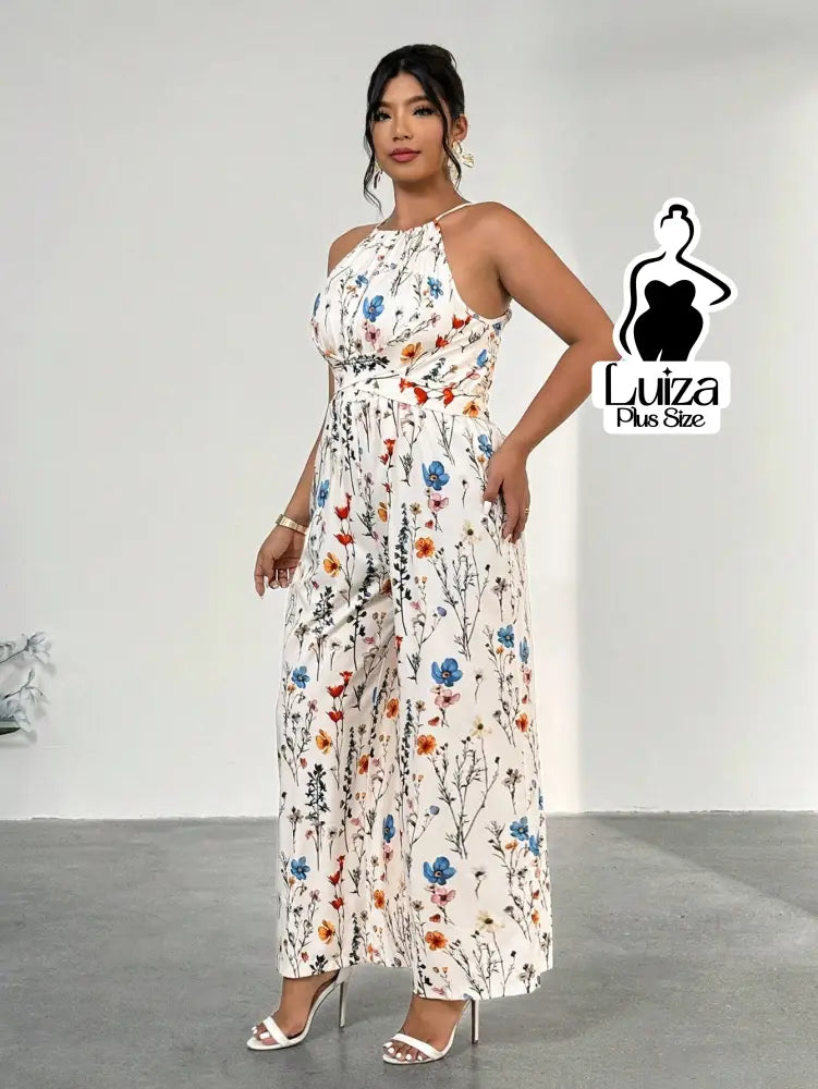 Macacão Longo Pantalona Estampa Floral Romântico Plus Size Multicolorido / G Macacão Longo Pantalona Estampa Floral