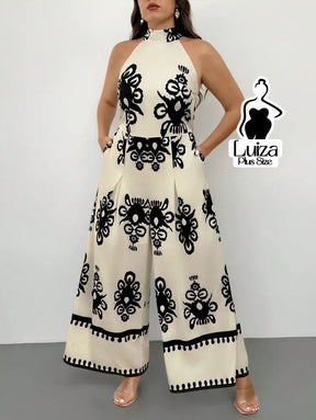 Macacão Longo Pantalona Estampa Geométrica Elegante Plus Size Macacão Longo Pantalona Estampa Geométrica Elegante Plus