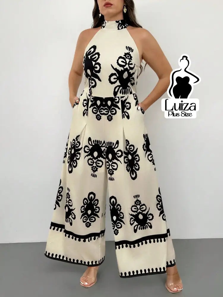 Macacão Longo Pantalona Estampa Geométrica Elegante Plus Size Macacão Longo Pantalona Estampa Geométrica Elegante Plus