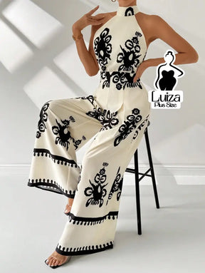 Macacão Longo Pantalona Estampa Geométrica Elegante Plus Size Macacão Longo Pantalona Estampa Geométrica Elegante Plus