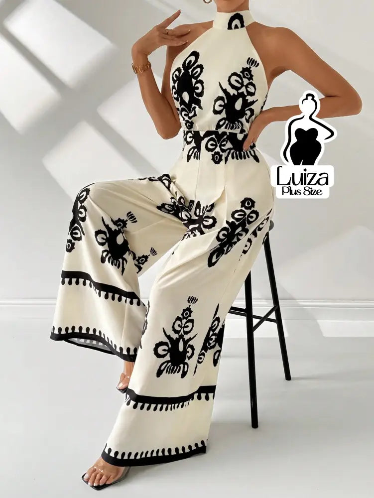 Macacão Longo Pantalona Estampa Geométrica Elegante Plus Size Macacão Longo Pantalona Estampa Geométrica Elegante Plus