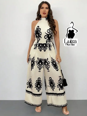 Macacão Longo Pantalona Estampa Geométrica Elegante Plus Size Macacão Longo Pantalona Estampa Geométrica Elegante Plus