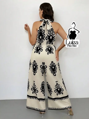 Macacão Longo Pantalona Estampa Geométrica Elegante Plus Size Macacão Longo Pantalona Estampa Geométrica Elegante Plus