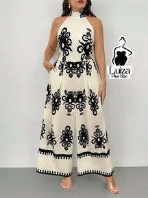 Macacão Longo Pantalona Estampa Geométrica Elegante Plus Size Preto e Branco / G Macacão Longo Pantalona Estampa