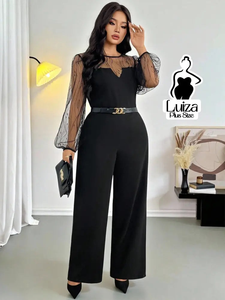 Macacão Longo Pantalona Manga Longa Transparente Plus Size Macacão Longo Pantalona Manga Longa Transparente Plus Size