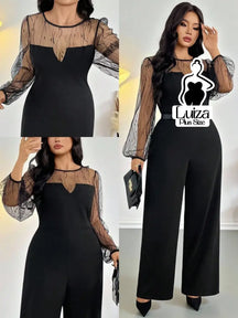Macacão Longo Pantalona Manga Longa Transparente Plus Size Preto / G Macacão Longo Pantalona Manga Longa Transparente