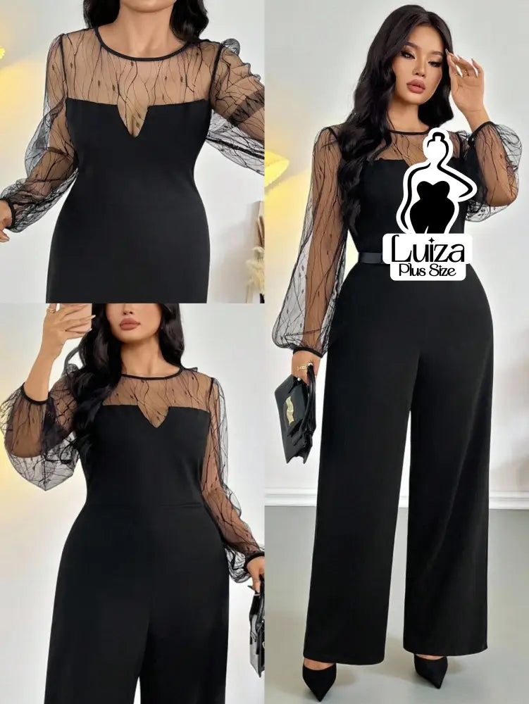 Macacão Longo Pantalona Manga Longa Transparente Plus Size Preto / G Macacão Longo Pantalona Manga Longa Transparente