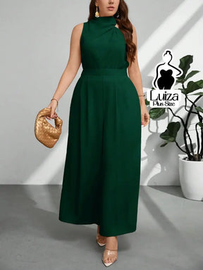 Macacão Longo Sem Mangas Gola Alta Drapeada Plus Size Macacão Longo Sem Mangas Gola Alta Drapeada Plus Size