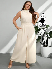 Macacão Longo Sem Mangas Gola Alta Drapeada Plus Size Damasco / G Macacão Longo Sem Mangas Gola Alta Drapeada Plus Size