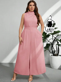 Macacão Longo Sem Mangas Gola Alta Drapeada Plus Size Rosa Empoeirado / G Macacão Longo Sem Mangas Gola Alta Drapeada