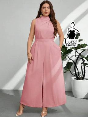 Macacão Longo Sem Mangas Gola Alta Drapeada Plus Size Rosa Empoeirado / G Macacão Longo Sem Mangas Gola Alta Drapeada