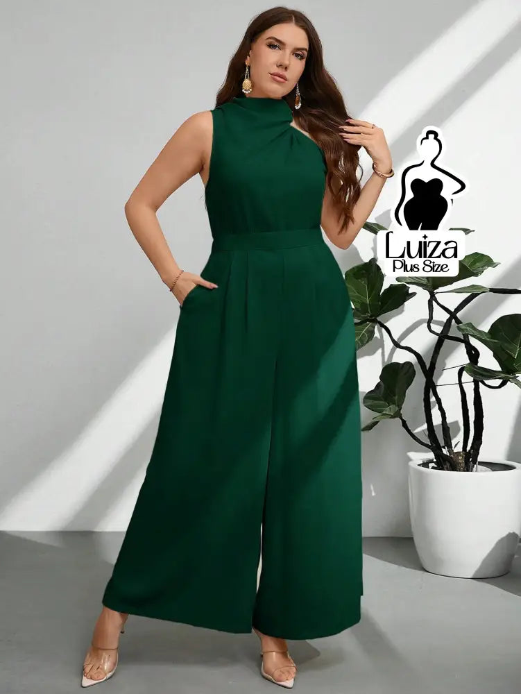 Macacão Longo Sem Mangas Gola Alta Drapeada Plus Size Verde Escuro / G Macacão Longo Sem Mangas Gola Alta Drapeada Plus