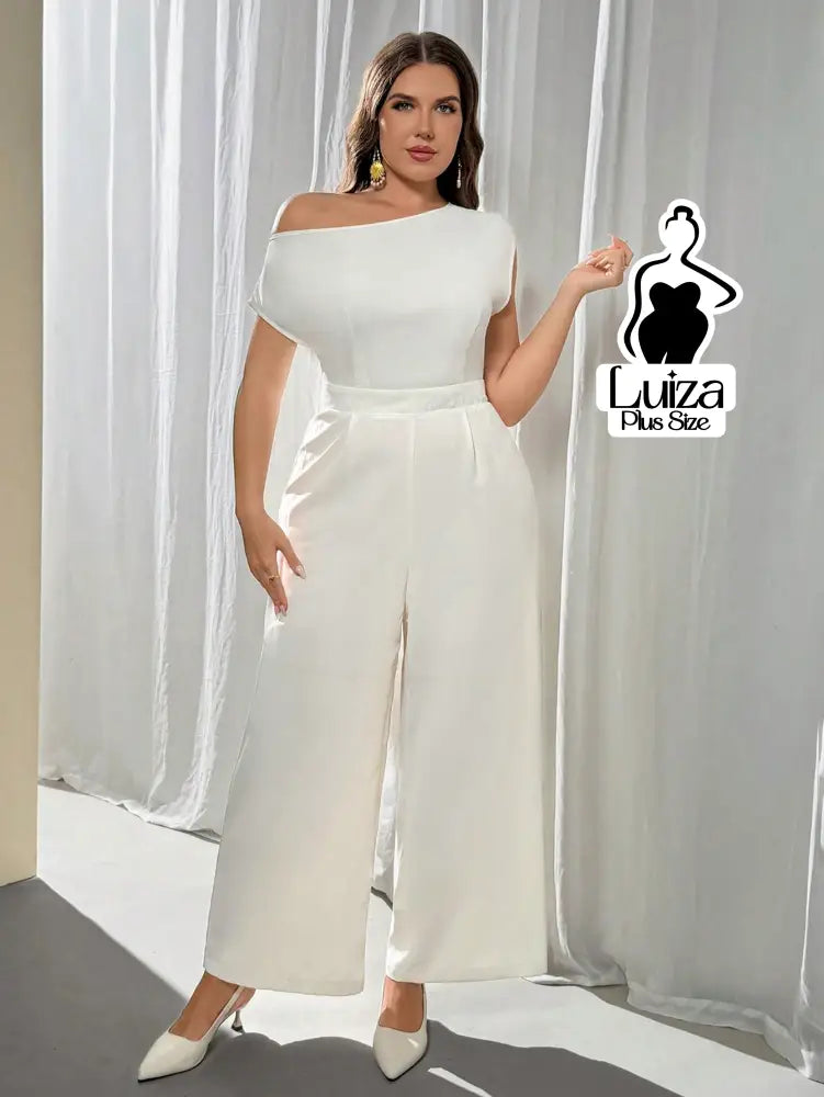 Macacão Longo Sofisticado Decote Canoa Estruturado Plus Size Branco / G Macacão Longo Sofisticado Decote Canoa