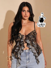 Top Cropped Animal Print Amarração Babados Plus Size Preto / G Top Cropped Animal Print Amarração Babados Plus Size