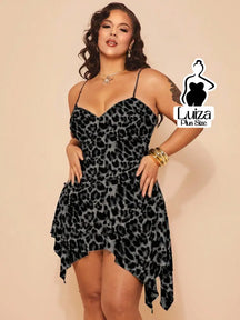 Vestido Curto Animal Print Alças Finas Barra Irregular Plus Size Chumbo / G Vestido Curto Animal Print Alças Finas