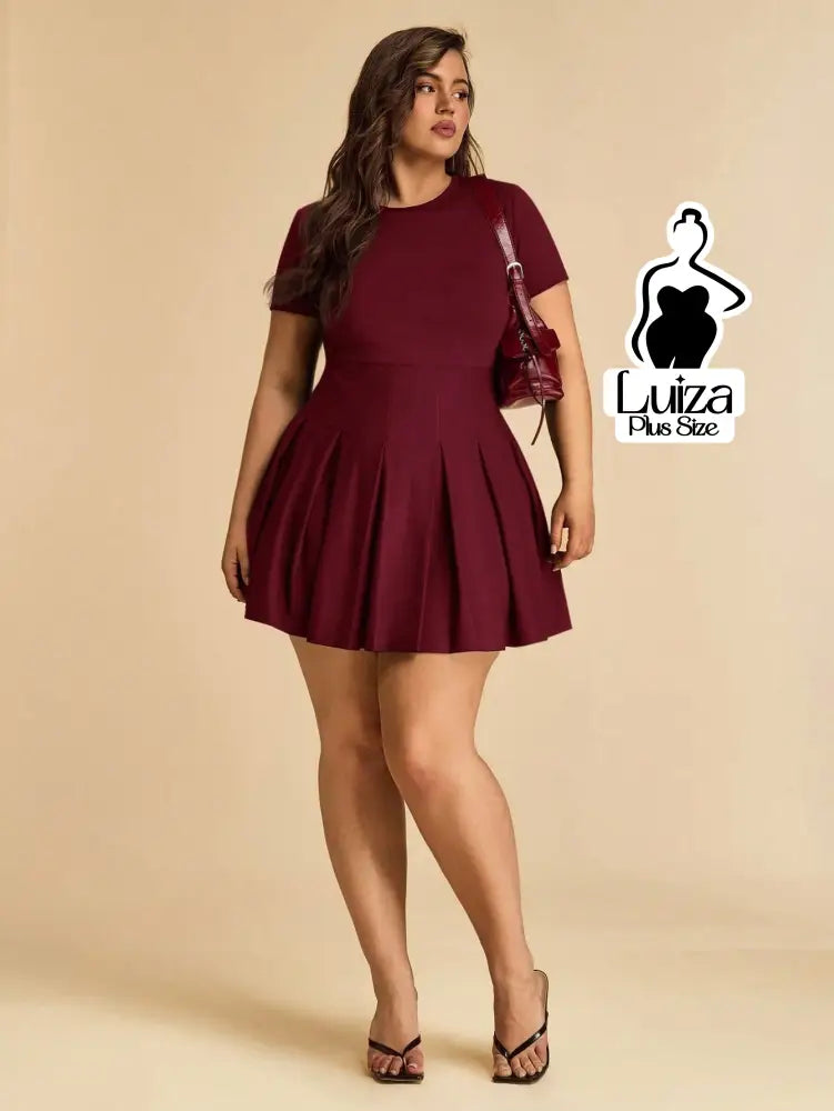 Vestido Curto Godê Plissado Manga Curta Plus Size Vinho / G Vestido Curto Godê Plissado Manga Curta Plus Size