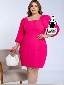 Vestido Curto Manga Bufante Decote Quadrado Plus Size Rosa Choque / G Vestido Curto Manga Bufante Decote Quadrado Plus