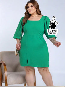 Vestido Curto Manga Bufante Decote Quadrado Plus Size Verde / G Vestido Curto Manga Bufante Decote Quadrado Plus Size