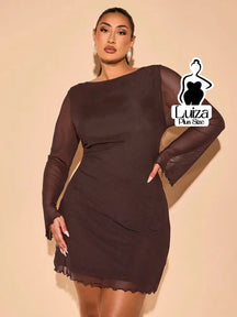 Vestido Curto Manga Longa Tule Barra Ondulada Plus Size Café / G Vestido Curto Manga Longa Tule Barra Ondulada Plus Size