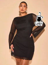 Vestido Curto Manga Longa Tule Barra Ondulada Plus Size Preto / G Vestido Curto Manga Longa Tule Barra Ondulada Plus